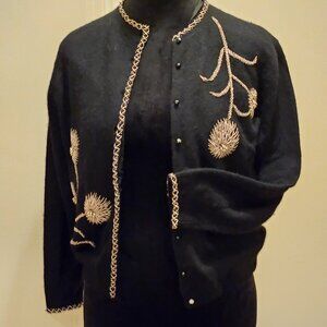 Vintage 1950's Cashmere & Angora Hand Beaded Card Bla k Sweater Size 38- Medium